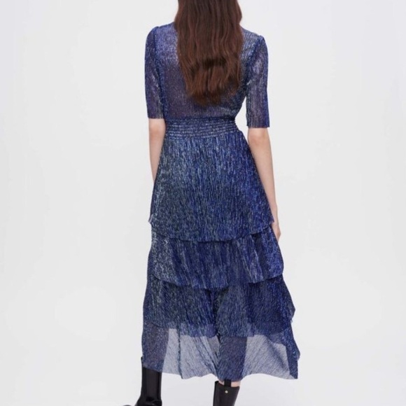 Maje Metallic Blues/Black & Silver Tiered V-Neck Midi Dress - Picture 8 of 10